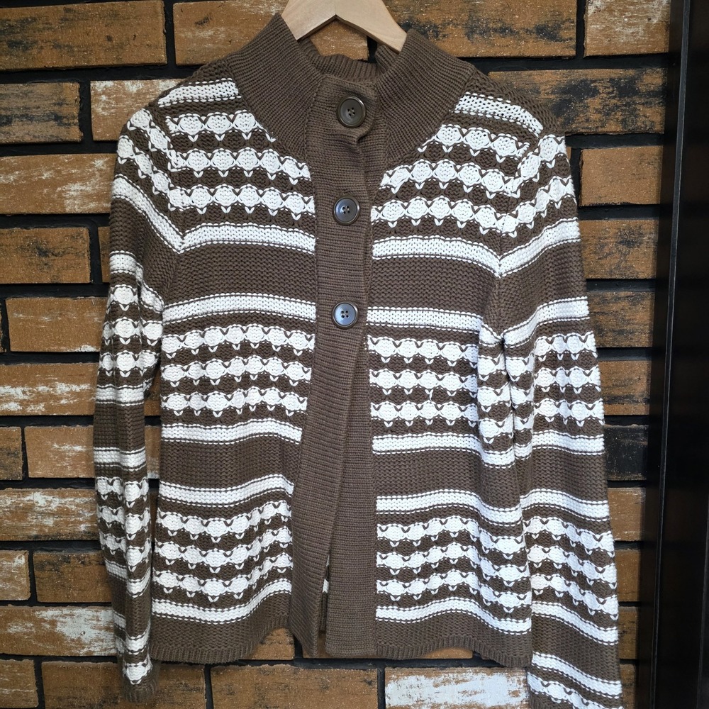 HANNAH Womens Small Brown And White Stripe 3 Button Cardigan Sweater‎ Fall Cozy